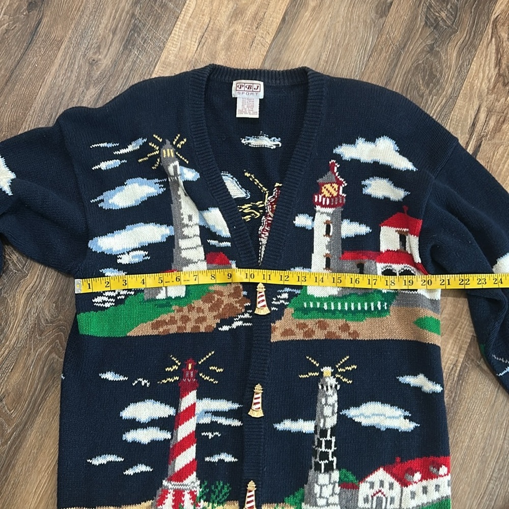 Vintage PBJ Sport Navy Blue Lighthouse Nautical Novelty Cardigan Size Large - Picture 9 of 16